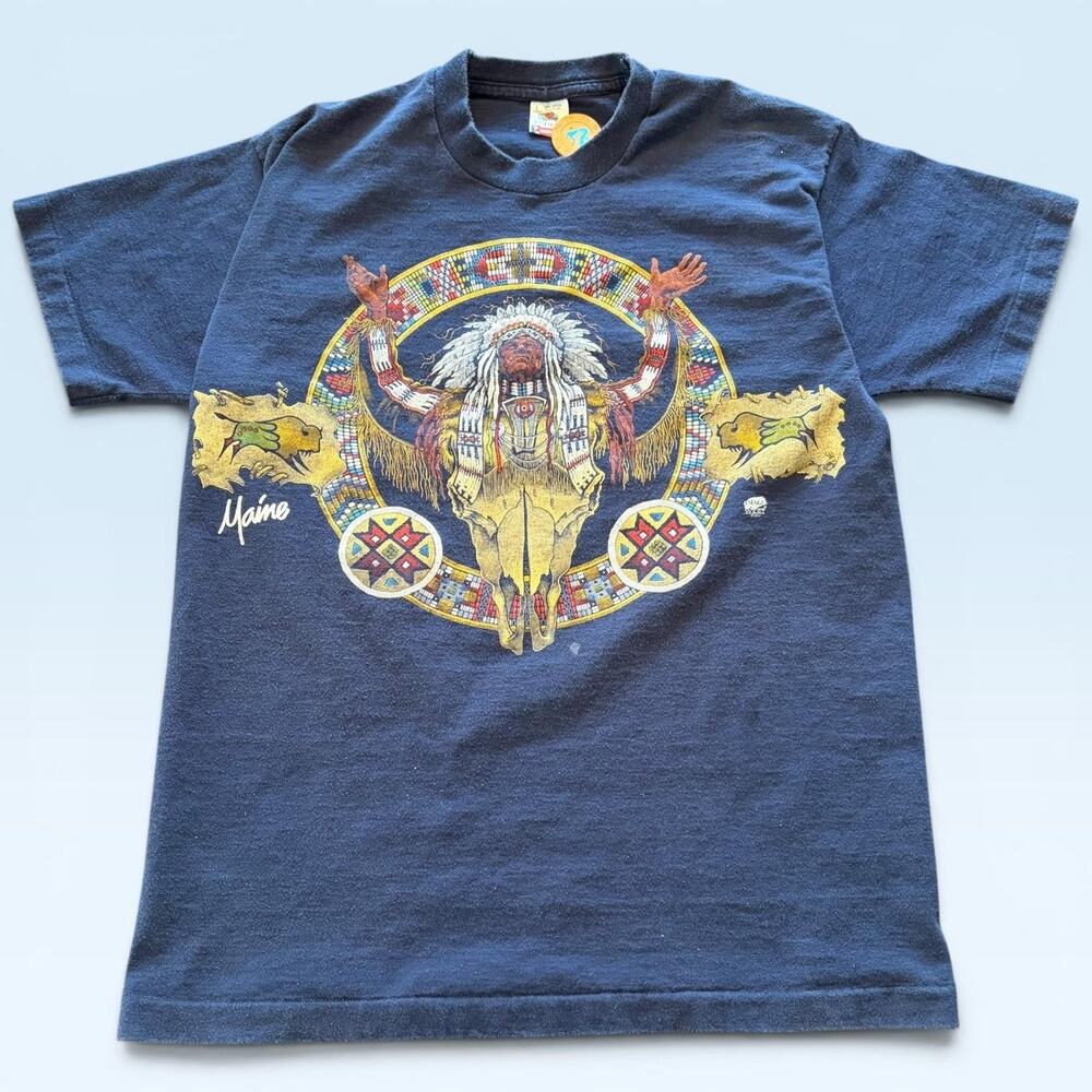 Vintage Maine Shirt Mens Large Blue Native American Graphic Tee T-Shirt USA